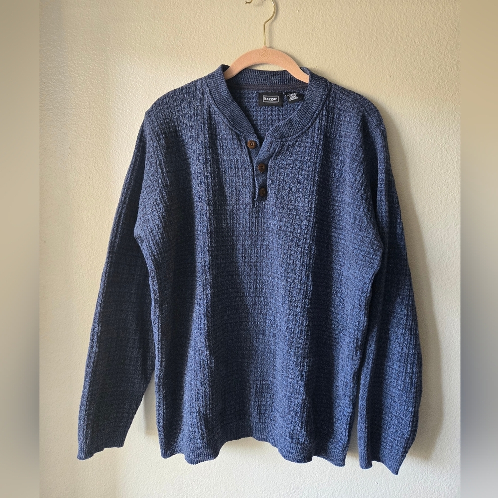 Haggar Men's Navy Blue Crewneck Sweater Vintage Y2K Chunky Knit Henley, Size L